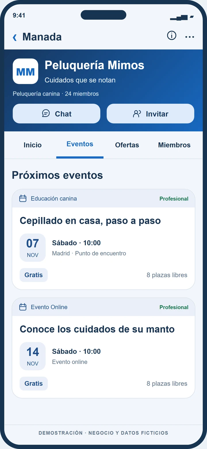Demostración ficticia de eventos de Peluquería Mimos en Dogers