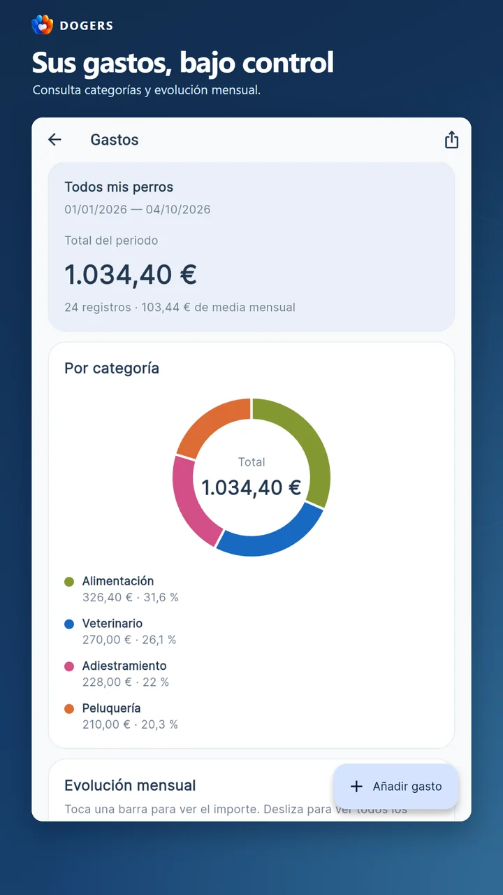 Resumen de gastos y gráfico por categorías.
