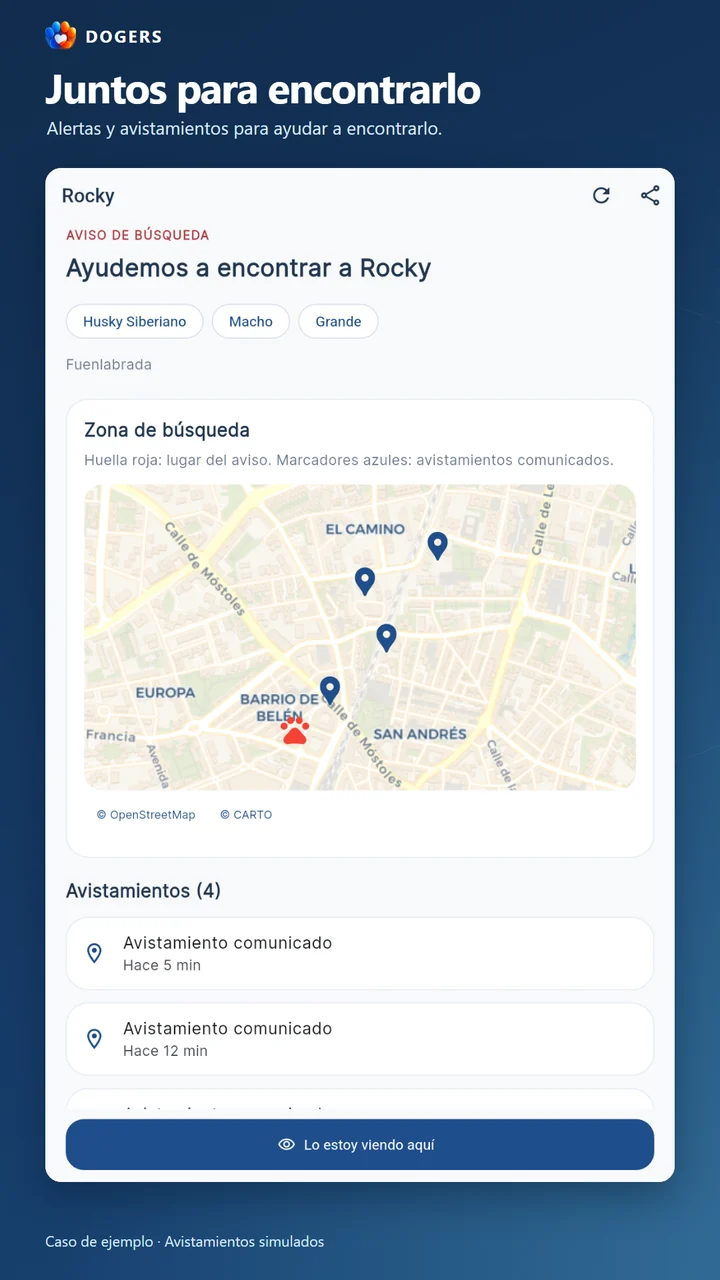 Simulación de búsqueda de Rocky con cuatro avistamientos en un mapa de Fuenlabrada.